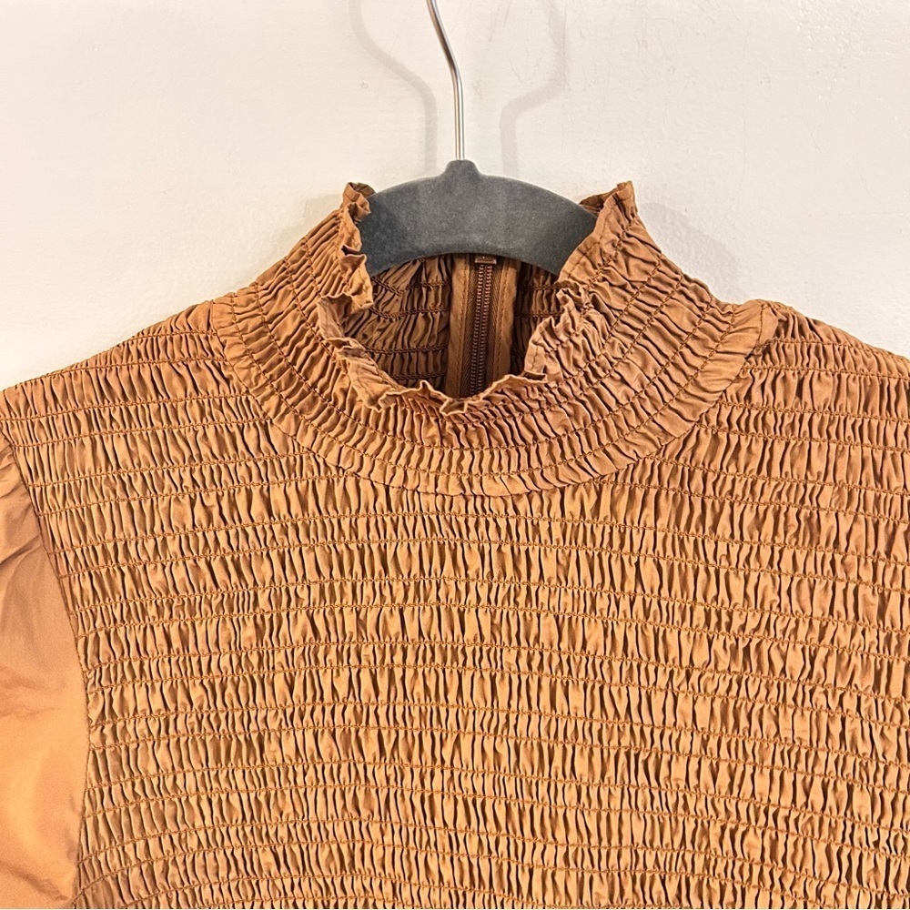 Veronica Beard Camel Smocked Blouse Ruffle collar - Picture 3 of 8